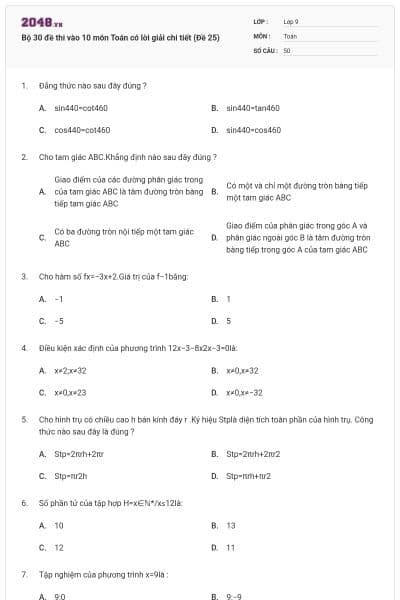 Bộ 30 đề thi vào 10 môn Toán có lời giải chi tiết (Đề 25)