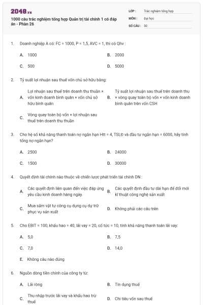 1000 câu trắc nghiệm tổng hợp Quản trị tài chính 1 có đáp án - Phần 26