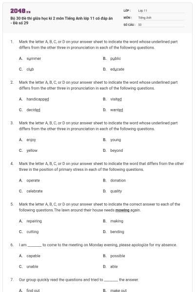 Bộ 30 Đề thi giữa học kì 2 môn Tiếng Anh lớp 11 có đáp án - Đề số 29