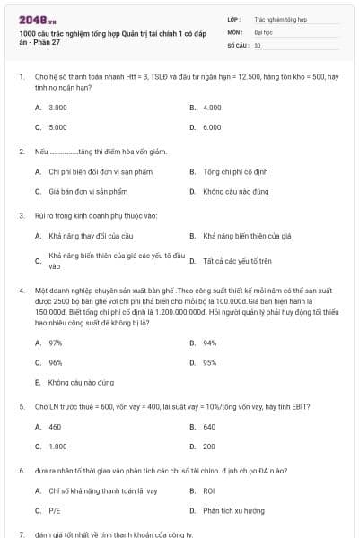 1000 câu trắc nghiệm tổng hợp Quản trị tài chính 1 có đáp án - Phần 27