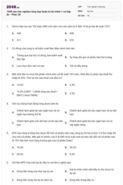 1000 câu trắc nghiệm tổng hợp Quản trị tài chính 1 có đáp án - Phần 28