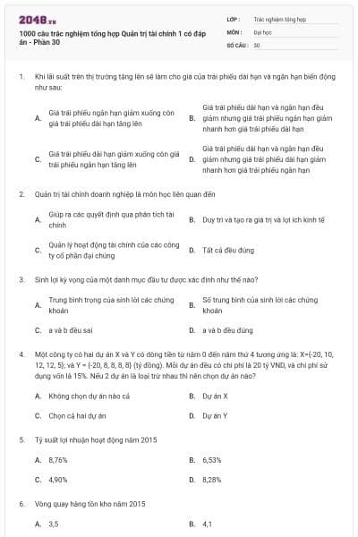 1000 câu trắc nghiệm tổng hợp Quản trị tài chính 1 có đáp án - Phần 30