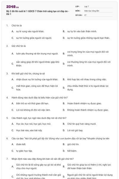 Bộ 2 đề thi cuối kì 1 GDCD 7 Chân trời sáng tạo có đáp án - Đề 1