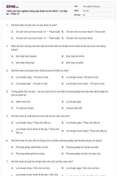 1000 câu trắc nghiệm tổng hợp Quản trị tài chính 1 có đáp án - Phần 31