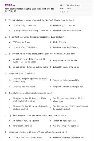 1000 câu trắc nghiệm tổng hợp Quản trị tài chính 1 có đáp án - Phần 32