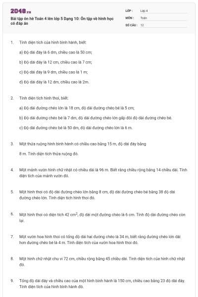Bài tập ôn hè Toán 4 lên lớp 5 Dạng 10: Ôn tập về hình học có đáp án