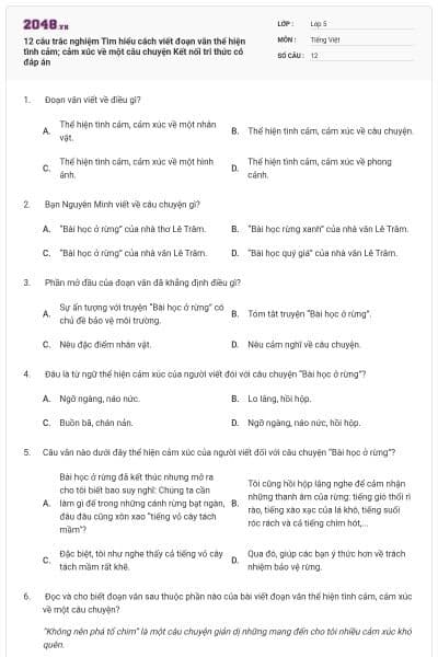 12 câu trắc nghiệm Tìm hiểu cách viết đoạn văn thể hiện tình cảm; cảm xúc về một câu chuyện Kết nối tri thức có đáp án