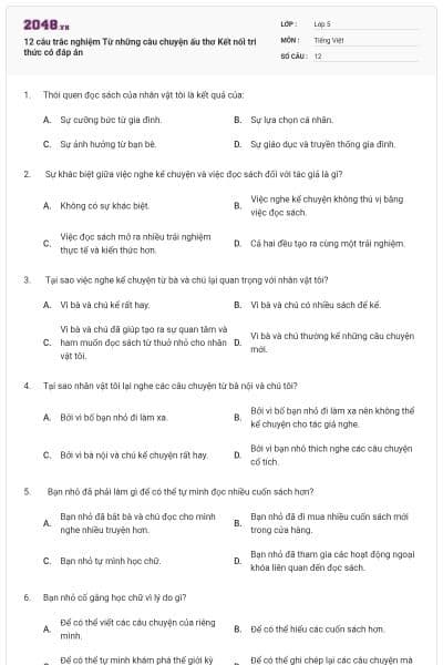 12 câu trắc nghiệm Từ những câu chuyện ấu thơ Kết nối tri thức có đáp án