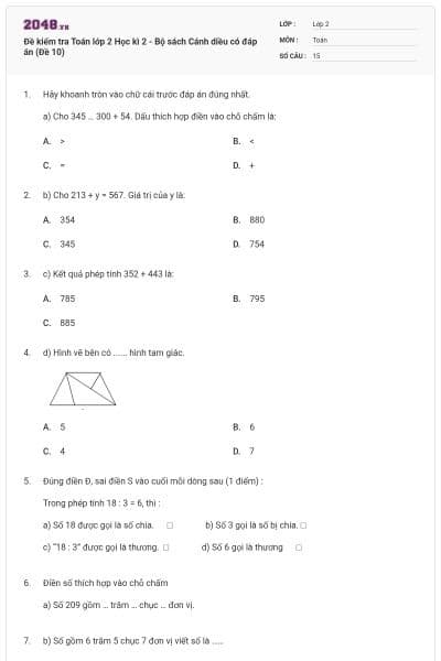 Đề kiểm tra Toán lớp 2 Học kì 2 - Bộ sách Cánh diều có đáp án (Đề 10)