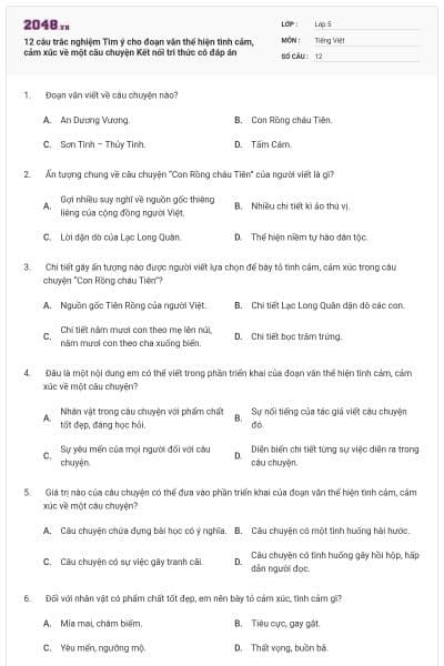 12 câu trắc nghiệm Tìm ý cho đoạn văn thể hiện tình cảm, cảm xúc về một câu chuyện Kết nối tri thức có đáp án