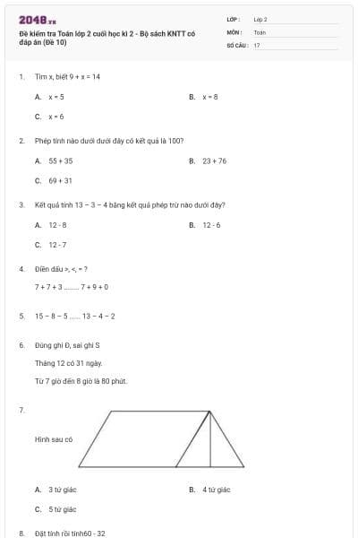 Đề kiểm tra Toán lớp 2 cuối học kì 2 - Bộ sách KNTT có đáp án (Đề 10)