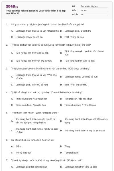 1000 câu trắc nghiệm tổng hợp Quản trị tài chính 1 có đáp án - Phần 36