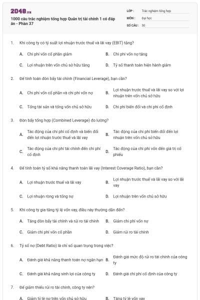 1000 câu trắc nghiệm tổng hợp Quản trị tài chính 1 có đáp án - Phần 37