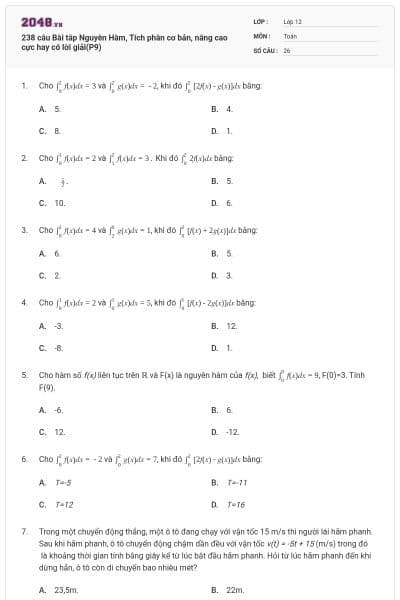 238 câu Bài tâp Nguyên Hàm, Tích phân cơ bản, nâng cao cực hay có lời giải(P9)