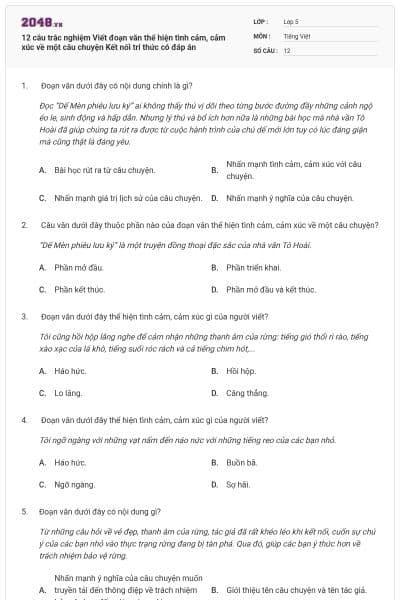 12 câu trắc nghiệm Viết đoạn văn thể hiện tình cảm, cảm xúc về một câu chuyện Kết nối tri thức có đáp án
