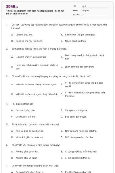 12 câu trắc nghiệm Tinh thần học tập của nhà Phi-lít Kết nối tri thức có đáp án