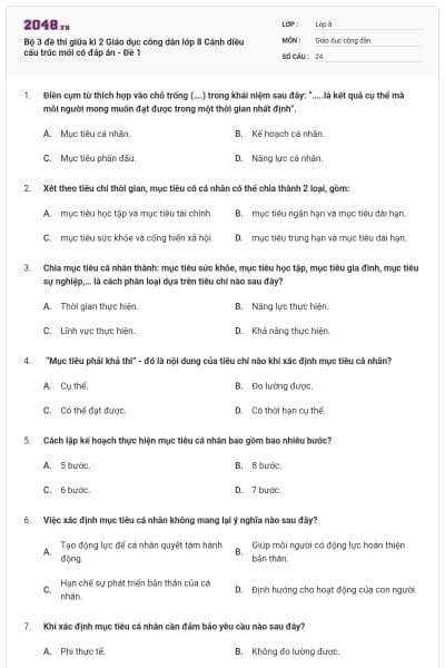 Bộ 3 đề thi giữa kì 2 Giáo dục công dân lớp 8 Cánh diều cấu trúc mới có đáp án - Đề 1