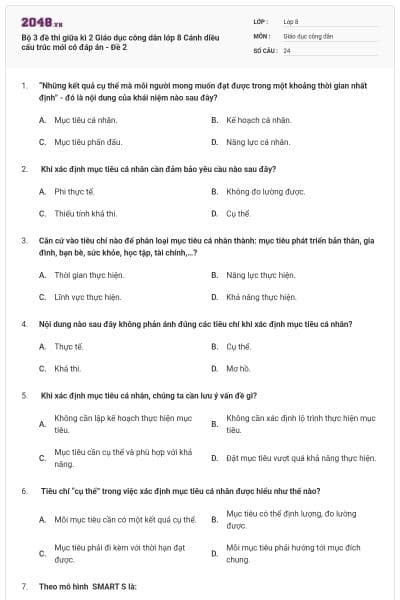 Bộ 3 đề thi giữa kì 2 Giáo dục công dân lớp 8 Cánh diều cấu trúc mới có đáp án - Đề 2