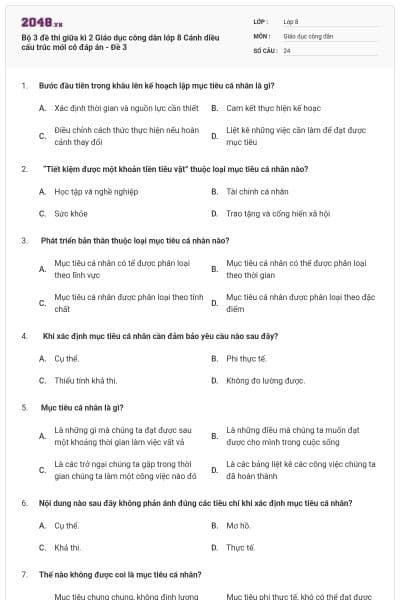 Bộ 3 đề thi giữa kì 2 Giáo dục công dân lớp 8 Cánh diều cấu trúc mới có đáp án - Đề 3
