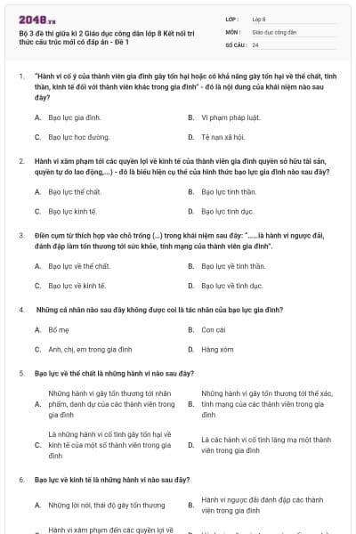 Bộ 3 đề thi giữa kì 2 Giáo dục công dân lớp 8 Kết nối tri thức cấu trúc mới có đáp án - Đề 1