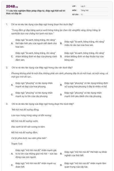 11 câu trắc nghiệm Biện pháp điệp từ, điệp ngữ Kết nối tri thức có đáp án