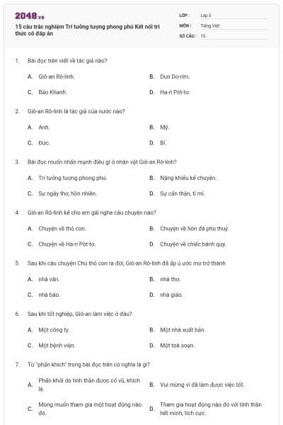 15 câu trắc nghiệm Trí tưởng tượng phong phú Kết nối tri thức có đáp án