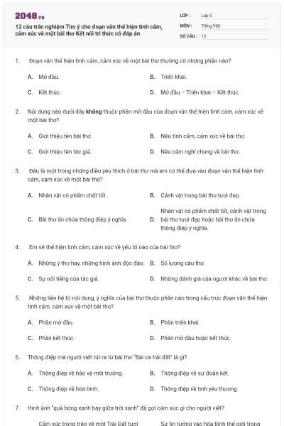 12 câu trắc nghiệm Tìm ý cho đoạn văn thể hiện tình cảm, cảm xúc về một bài thơ Kết nối tri thức có đáp án