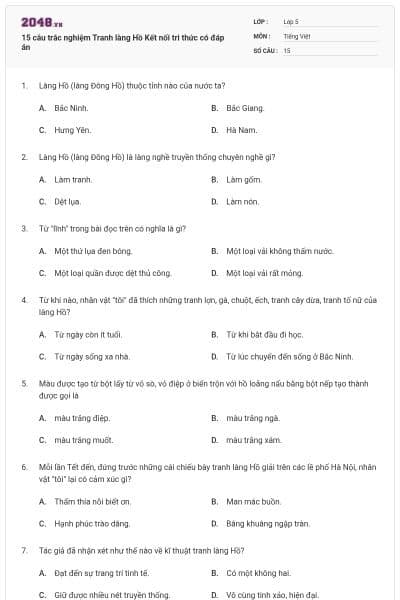 15 câu trắc nghiệm Tranh làng Hồ Kết nối tri thức có đáp án