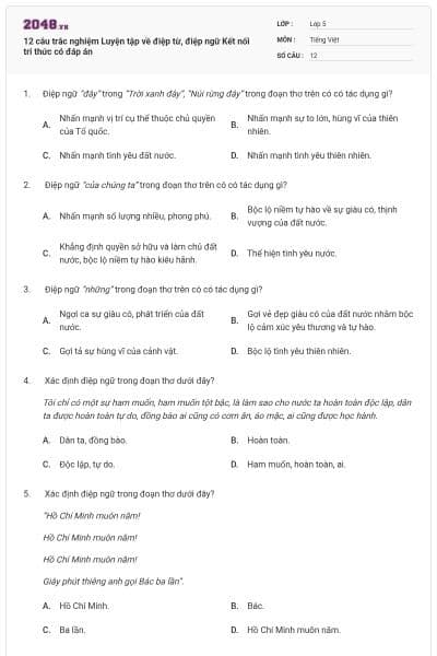 12 câu trắc nghiệm Luyện tập về điệp từ, điệp ngữ Kết nối tri thức có đáp án