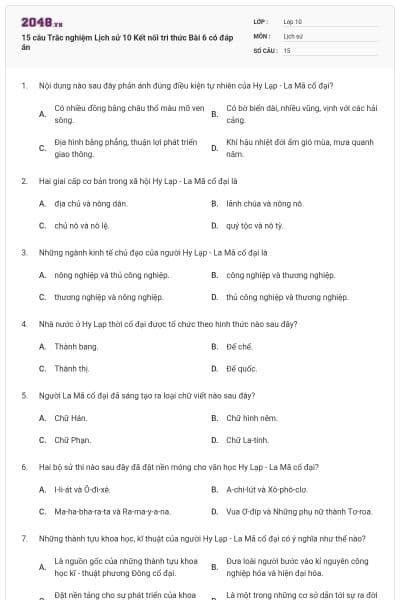 15 câu Trắc nghiệm Lịch sử 10 Kết nối tri thức Bài 6 có đáp án