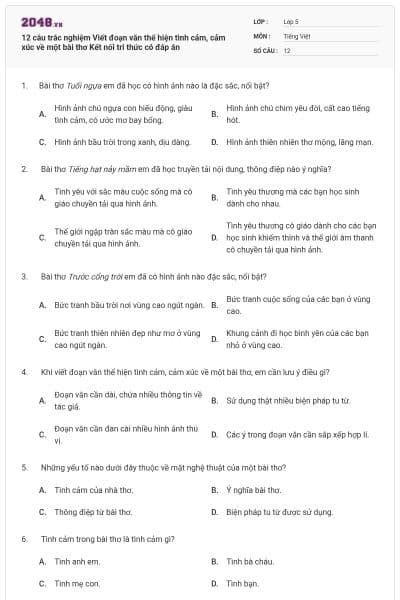 12 câu trắc nghiệm Viết đoạn văn thể hiện tình cảm, cảm xúc về một bài thơ Kết nối tri thức có đáp án