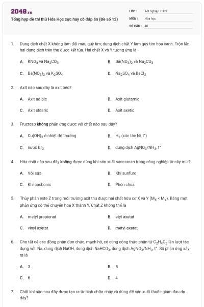 Tổng hợp đề thi thử Hóa Học cực hay có đáp án (Đề số 12)