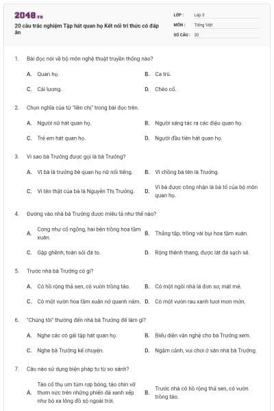 20 câu trắc nghiệm Tập hát quan họ Kết nối tri thức có đáp án