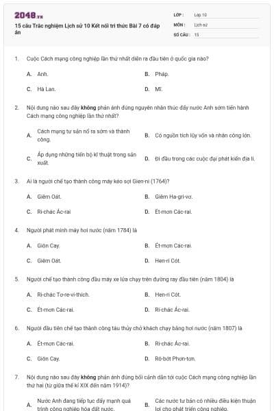 15 câu Trắc nghiệm Lịch sử 10 Kết nối tri thức Bài 7 có đáp án