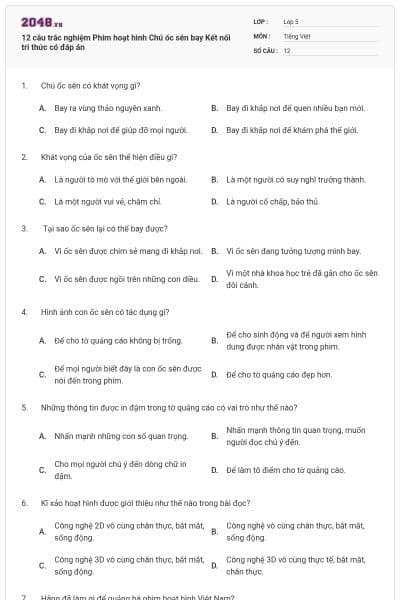 12 câu trắc nghiệm Phim hoạt hình Chú ốc sên bay Kết nối tri thức có đáp án