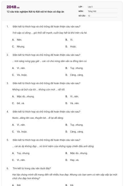 12 câu trắc nghiệm Kết từ Kết nối tri thức có đáp án