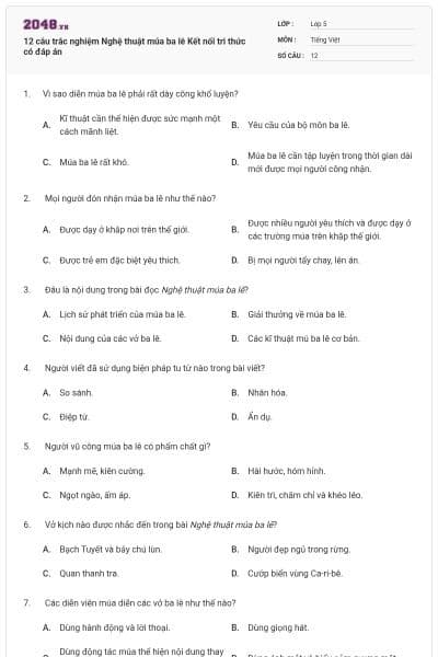 12 câu trắc nghiệm Nghệ thuật múa ba lê Kết nối tri thức có đáp án