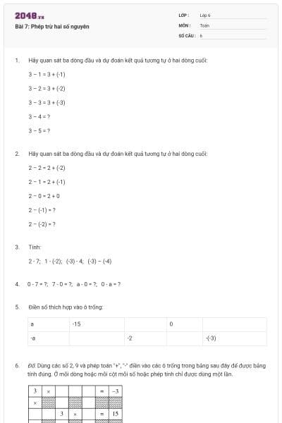 Bài 7: Phép trừ hai số nguyên