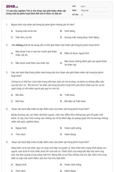 12 câu trắc nghiệm Tìm ý cho đoạn văn giới thiệu nhân vật trong một bộ phim hoạt hình Kết nối tri thức có đáp án