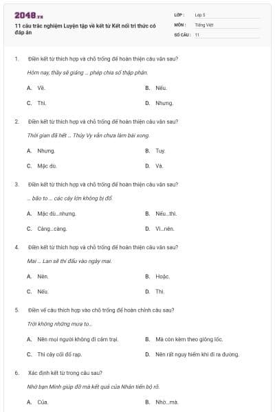 11 câu trắc nghiệm Luyện tập về kết từ Kết nối tri thức có đáp án