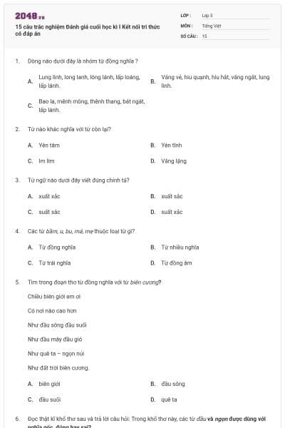 15 câu trắc nghiệm Đánh giá cuối học kì I Kết nối tri thức có đáp án