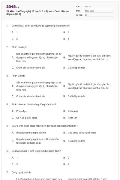 Đề kiểm tra Công nghệ 10 học kì 1 - Bộ sách Cánh diều có đáp án (Đề 1)