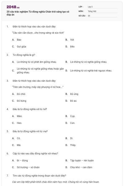 20 câu trắc nghiệm Từ đồng nghĩa Chân trời sáng tạo có đáp án