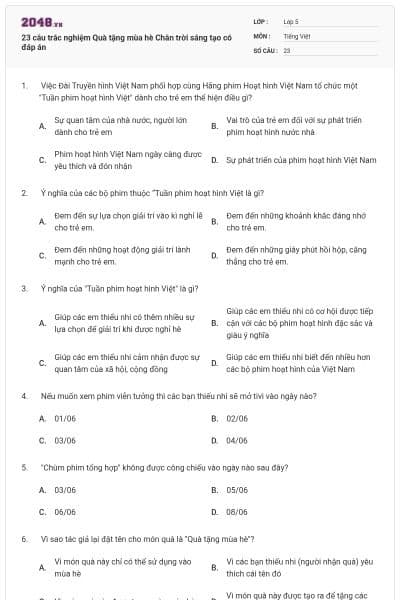 23 câu trắc nghiệm Quà tặng mùa hè Chân trời sáng tạo có đáp án