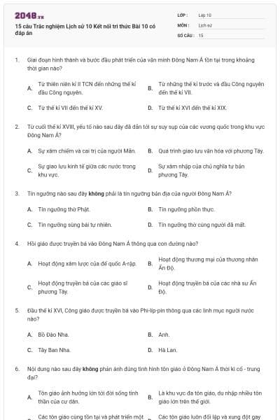 15 câu Trắc nghiệm Lịch sử 10 Kết nối tri thức Bài 10 có đáp án