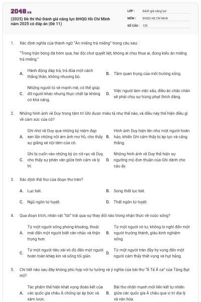 (2025) Đề thi thử Đánh giá năng lực ĐHQG Hồ Chí Minh năm 2025 có đáp án (Đề 11)