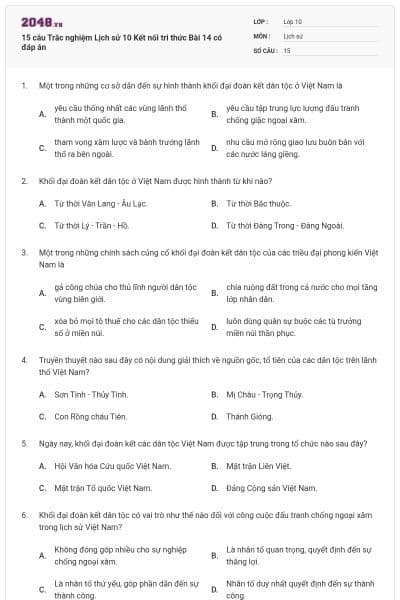 15 câu Trắc nghiệm Lịch sử 10 Kết nối tri thức Bài 14 có đáp án