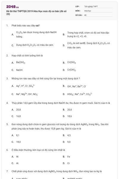 Đề thi thử THPTQG 2019 Hóa Học mức độ cơ bản (đề số 20)