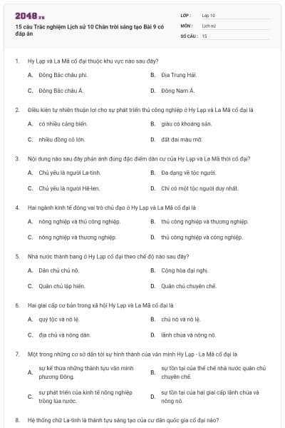 15 câu Trắc nghiệm Lịch sử 10 Chân trời sáng tạo Bài 9 có đáp án