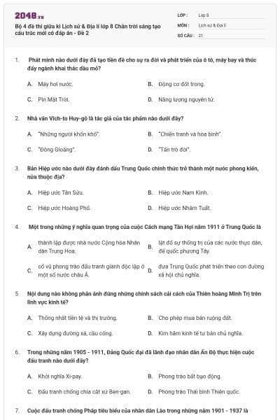 Bộ 4 đề thi giữa kì Lịch sử & Địa lí lớp 8 Chân trời sáng tạo cấu trúc mới có đáp án - Đề 2